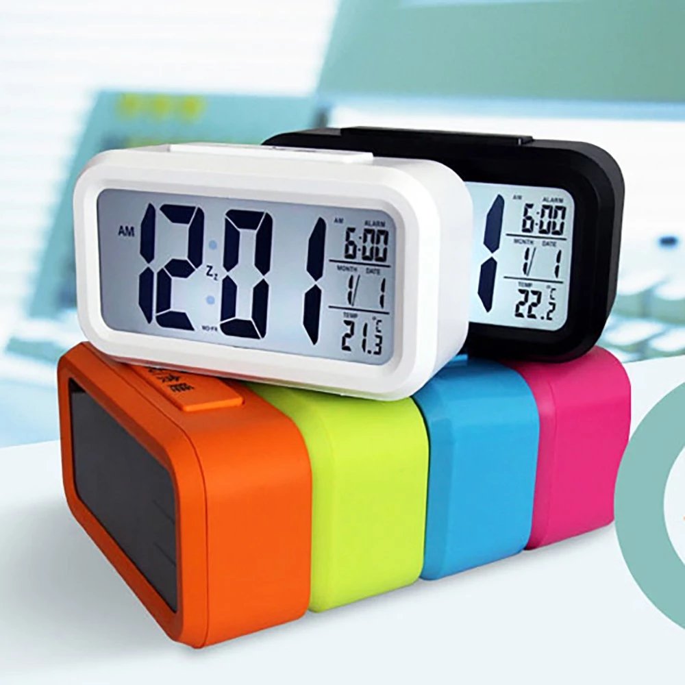 Đồng Hồ Để Bàn Báo Thức LCD Hiển Thị Lịch, Nhiệt Độ, Cảm Biến Ánh Sáng Đã Bao Gồm Pin
