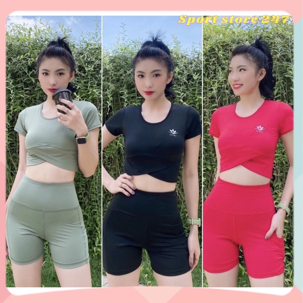 Bộ đồ tập gym yoga nữ đồ thể thao quần đùi có túi áo cộc tay chật liệu vải co giãn thấm hút mồ hôi