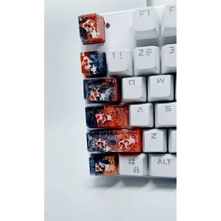 Set keycap resin cá koi tone đen đỏ trang trí bàn phím cơ gaming.