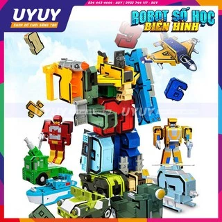 Bộ đồ chơi bảng số (0-9), bảng phép tính  (cộng trừ nhân chia) biến hình robot và phương tiện, giáo dục sớm cho bé