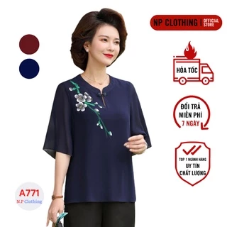 Áo Trung Niên Nữ A772, Kiểu Sơ Mi Cổ Tàu Thêu Hoa Ngắn Tay Đẹp Trang Nhã | Thời Trang NP CLOTHING