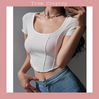 Áo Tay Ngắn Croptop Chít Thân Vạt Bầu 2 Màu Đen - Trắng , Áo Croptop Nữ Form 38-55kg