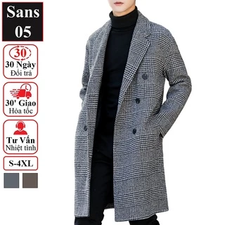 Áo khoác nam dáng dài Sans05 blazer kẻ caro rộng măng tô dạ hàn quốc choàng ngoài big size to lớn 3xl 4xl 90kg 100kg