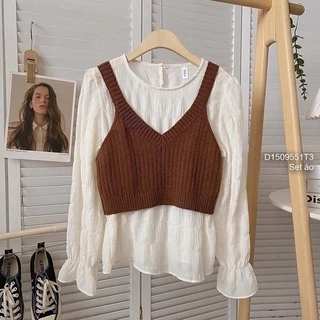 Set áo sơ mi kiểu cổ tròn bo phối áo len croptop hàng QC!