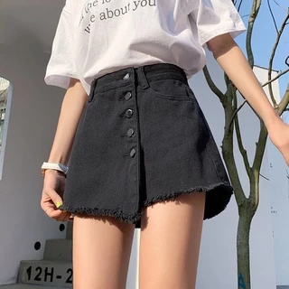 Quần Short Denim Giả Váy Chữ A Ống Rộng Lưng Cao Màu Đen Thời Trang Cho Nữ