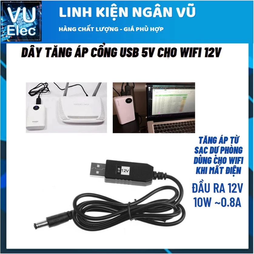 Dây nguồn USB kích sạc dự phòng lên 9 - 12V cho wifi Hiệu Suất Cao bảo hành 6 tháng