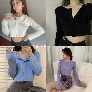 Áo Croptop YAN Cổ Tim Tay Dài Phối Khuy Unisex (7 MÀU)