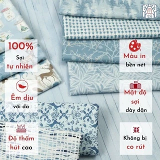 CS21-262 Vải cotton 100% tự nhiên🍒Chuanshui🍒khổ vải 145cm , noel xanh - vải đẹp handmade, quilt, may quần áo