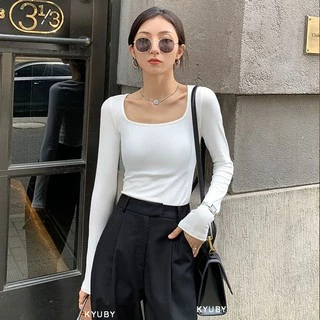 Áo croptop tay dài cổ vuông KYUBY Áo Thun dài tay cổ vuông dáng croptop A04