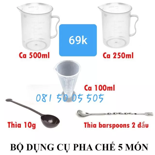 Combo Bộ 5 món dụng cụ pha chế: Ca đong 500ml + ca 250ml + ly 100m + thìa 10g + Bar spoon 26cm