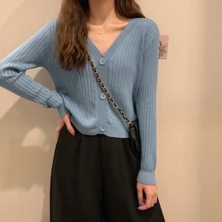 Áo Khoác Cardigan Dệt Kim Cổ Tim Xinh Xắn Cho Nữ Chất Len Gân Phong Cách Ulzzang Hàn Quốc Nhiều Màu