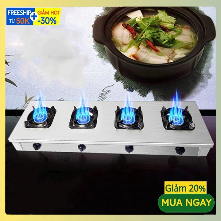 Bếp ga công nghiệp 4 cửa ngang chất liệu inox, vệ sinh dễ dàng