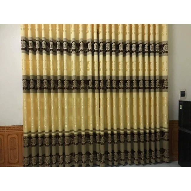 Rèm vải vàng kẻ nâu rộng 3m cao 2m70 đã khoen lỗ sẵn chỉ việc treo