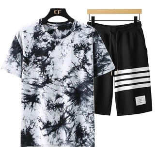 Combo Áo Thun Nam Trắng Loang Vằn Kết Hợp Quần Shorts Đùi Phối Sọc SET GHEP TOP 181 + SHORTS 16