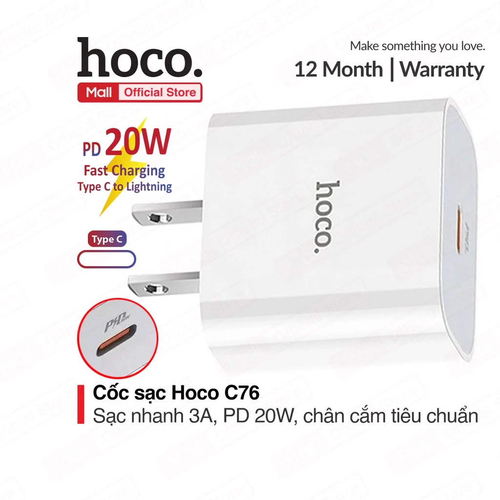 Củ sạc PD 20W Hoco C76 1 cổng Type- C sạc nhanh 3.0A, chân cắm chuẩn tiêu chuẩn ( Chân dẹt )