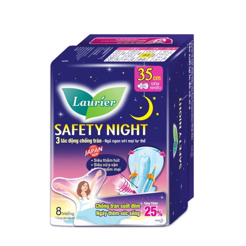 Combo 2 miếng Băng Vệ Sinh Laurier Safety Night Đêm Siêu Chống Tràn 35cm 8 miếng