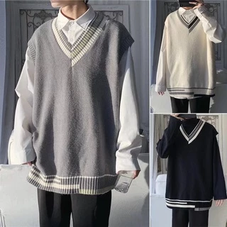 Áo len không tay cổ chữ V dáng rộng kiểu Hàn mùa xuân thu thanh lịch dễ phối đồ cho nam