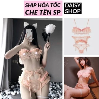 Set nội y cao cấp cam hồng ren nhún sexy - bộ đồ lót gợi cảm kèm kẹp nịt tất choker đùi