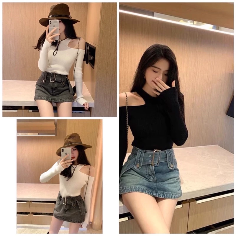 Áo thun kiểu croptop tay dài phối hở cá tính sexy cho nữ phong cách Hàn Quốc