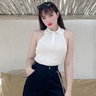 Áo croptop ba lỗ cổ bẻ cúc thật a3 - Khoét lưng