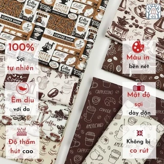 Vải cotton 100% tự nhiên🍒Chuanshui🍒khổ vải 145cm, Cà phê vintage - vải đẹp handmade, quilt, may quần áo