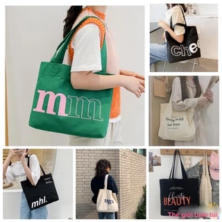 Túi tote vải canvas ulzzang unisex in chữ có khoá miệng ngăn nhỏ bên trong đựng vừa sách vở laptop 15.inch