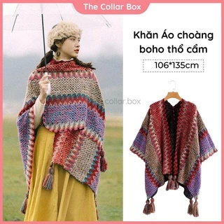 Khăn áo choàng boho thổ cẩm nữ mùa thu đông kiểu khoác ngoài chất len móc dày ấm 106*135cm - AC0201 The Collar Box