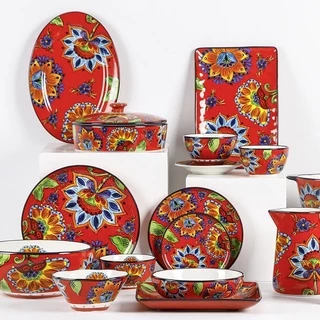 Lẻ món chén bát đĩa sứ hoạ tiết hoa đỏ phong cách Bắc Âu nổi bật cao cấp hàng xuất Âu