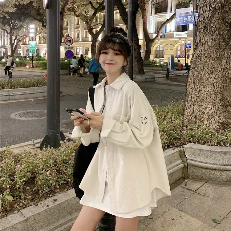 Áo Sơ Mi Nhung Unisex họa tiết Mặt Cười Ulzzang phong cách trẻ trung