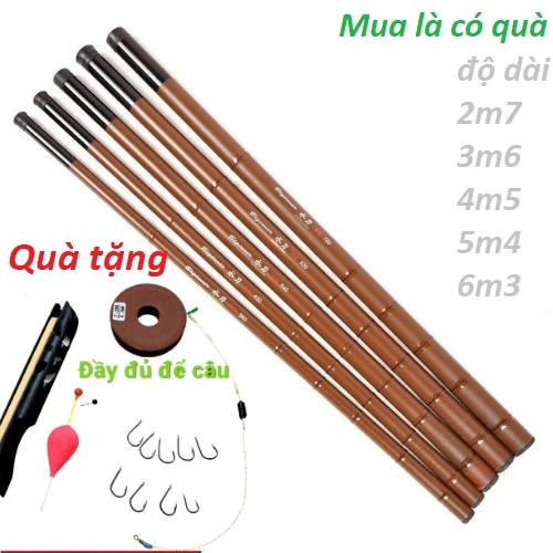Cần Câu Tay Trúc Nâu 100% Carbon Dài 2m7–6m3 – Tặng Full Bộ Phụ Kiện Câu Đài