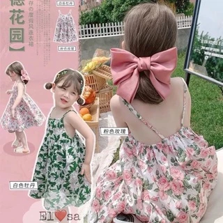 Váy bé gái - Váy 2 dây hoa hồng siêu xinh cho bé 1-5 Tuổi