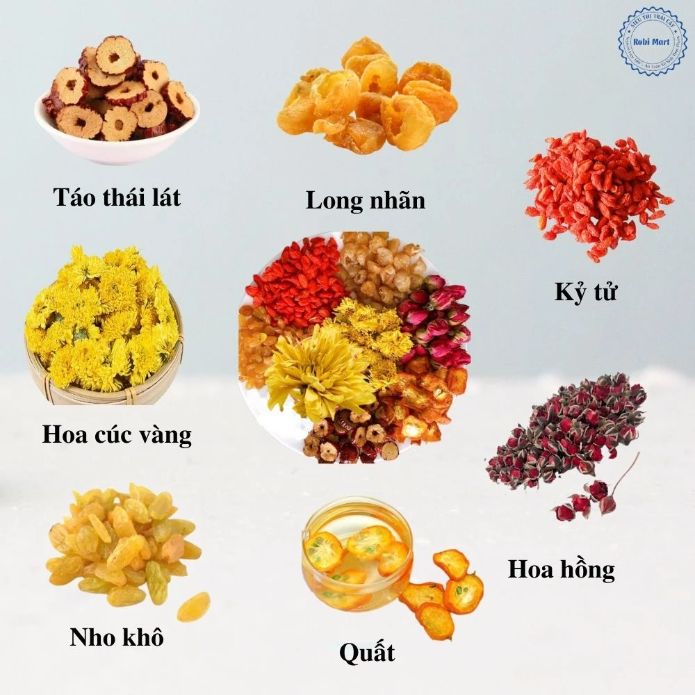 Set trà dưỡng nhan Quý Phi (táo thái lát, hoa cúc, kỳ tử, hoa hồng, nho khô, quất tắc, long nhãn)