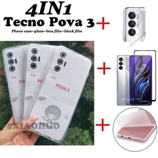 Ốp Điện Thoại Trong Suốt Chống Rơi + Kính Cường Lực Sợi carbon 4 Trong 1 Cho Tecno Pova 3 Tecno Pova 2