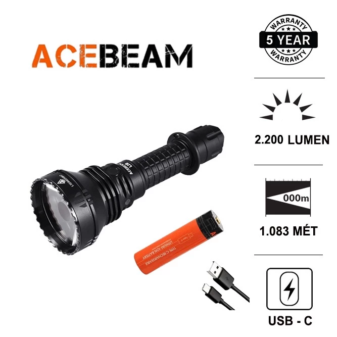 Đèn pin chiếu xa ACEBEAM L19 V2 TRẮNG độ sáng 2200 lumen chiếu xa 1083m LED SFT40 kèm pin sạc 21700