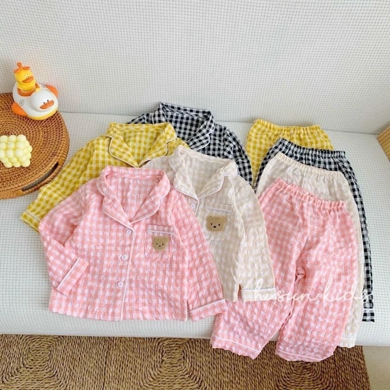 Pijama cho bé trai bé gái size 10-30kg hoạ tiết caro, đồ ngủ dài tay thu đông cho bé chất đũi xốp loại 1