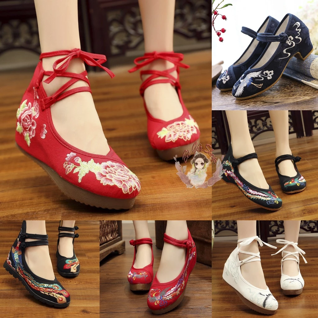 Giày thêu cổ trang nữ giày vải thêu 3-5cm
