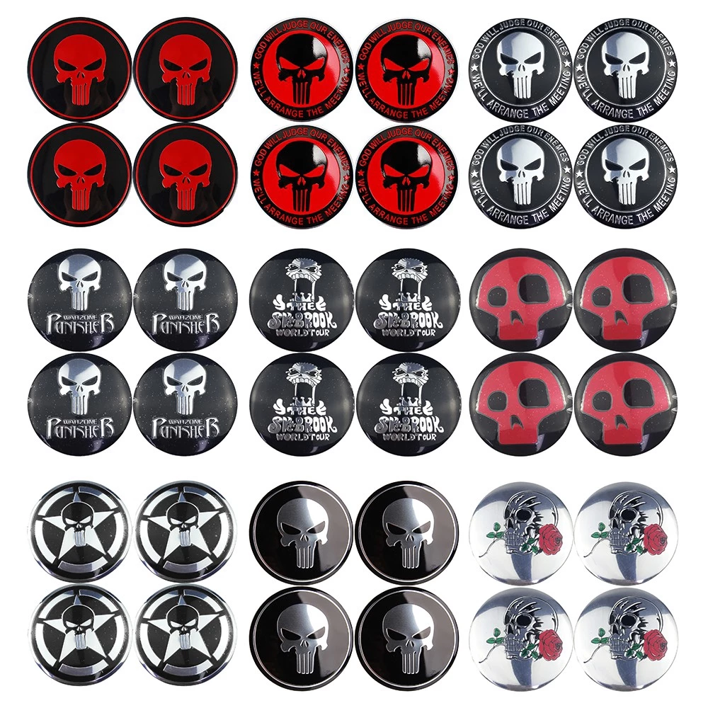 4 Bánh Xe Ô Tô Trung Tâm Trung Tâm Nắp Miếng Dán Bao Kim Loại 56mm Tự Động Chăm Sóc Ô Tô Phụ Kiện Lốp Xe Biểu Tượng Huy Hiệu Decal Dán Trang Trí Sửa Đổi Với Punisher Skull Logo