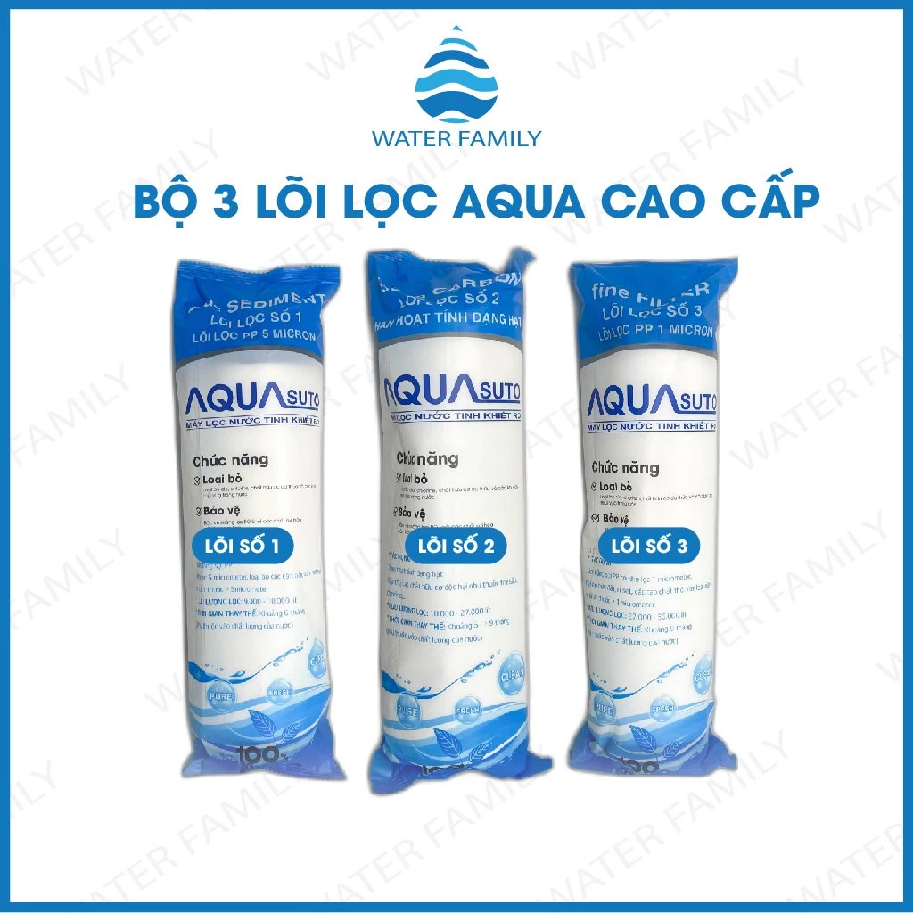 Bộ 3 lõi lọc nước 1 2 3 AQUA Chính hãng, sử dụng tất cả máy lọc nước Ro, Nano…