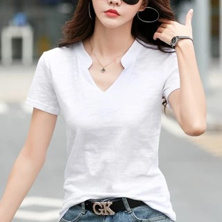 Áo thun cotton nguyên chất ngắn tay cổ chữ V phiên bản Hàn Quốc