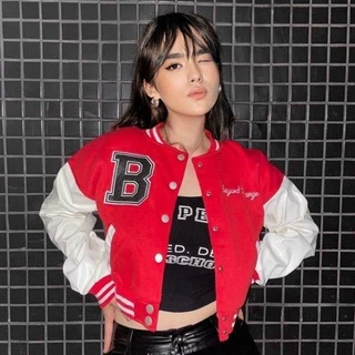 Áo khoác bomber croptop Chữ B nữ dáng lửng cánh dơi Phối tay trắng rộng bấm cúc sexy mẫu mới 2022