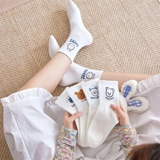 Set 5 Đôi Tất Gấu Trắng Cổ Cao,Vớ Nữ Họa Tiết Gấu Màu Trắng Phong Cách Hàn Siêu Cute