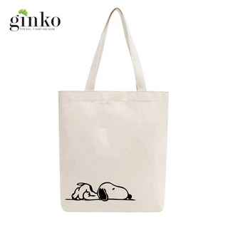 Túi Tote Vải Mộc GINKO Có Dây Kéo miệng túi ( túi con bên trong ) In Hình Snoopy and Friends M97