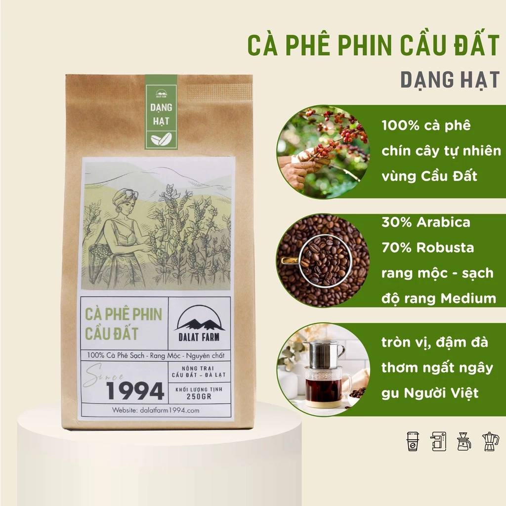 Cà Phê Phin Cầu Đất Dalat Farm - Túi 250Gr (Dạng hạt)