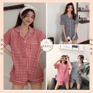 Set pijama kẻ caro nữ - Bộ đồ ngủ pijama quần short kèm áo sơ mi form rộng đẹp Ulzzang HOT