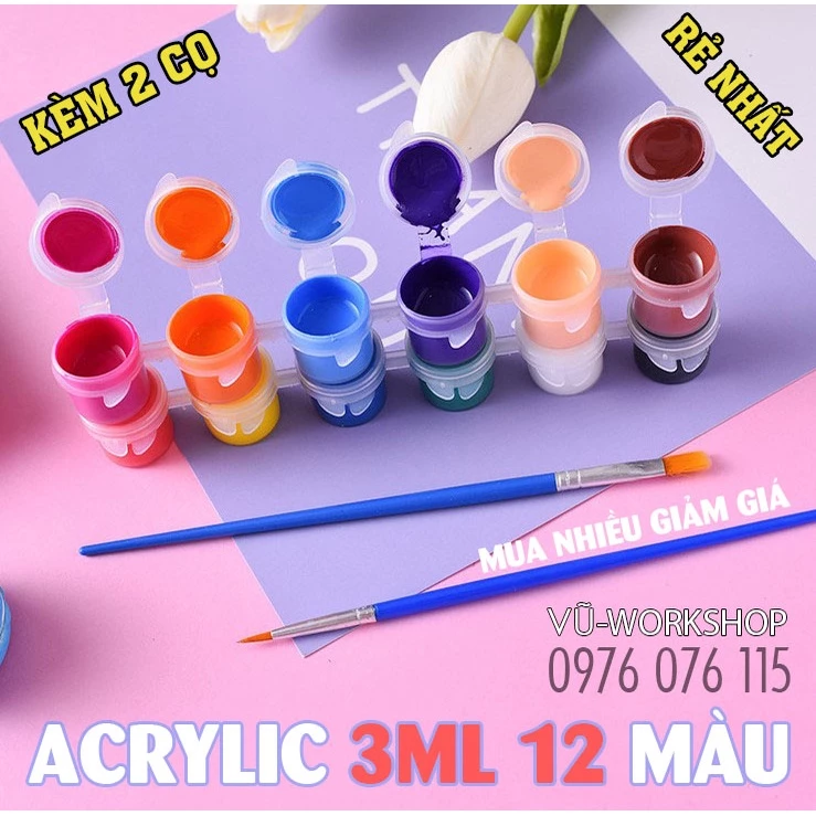 Bộ 12 Màu Vẽ Acrylic 3ml Kèm 2 Cọ Vẽ - Màu Acrylic Mini Vẽ Áo, Tô Tượng Thạch Cao, Vẽ 3D, Giày, Thủy Tinh, Gỗ