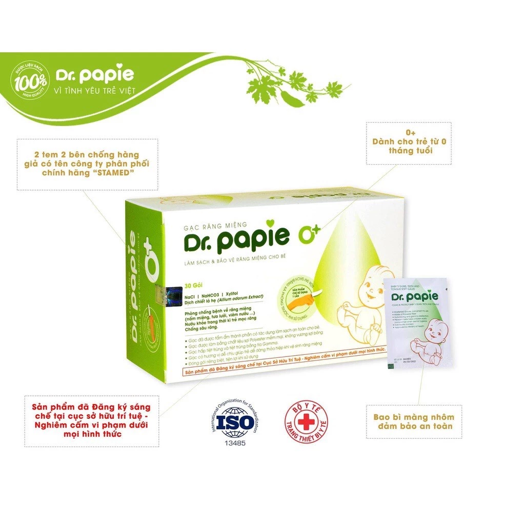 [CHÍNH HÃNG] Gạc rơ lưỡi vệ sinh răng miệng cho bé tẩm ẩm hộp 30 gói Dr Papie