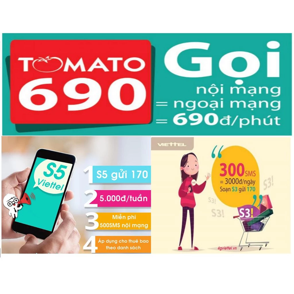 Sim viettel Gói Cước Tomato.Đăng ký S3 Viettel chỉ 3.000đ miễn phí 300 SMS, Và S5 Viettel chỉ 5.000đ miễn phí 500 SMS.