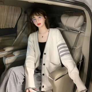 (HÀNG SẴN)  Áo khoác len dệt kim cardigan cài khuy phối viền sọc tay style Hàn Quốc cá tính (HÀNG_MỚI)