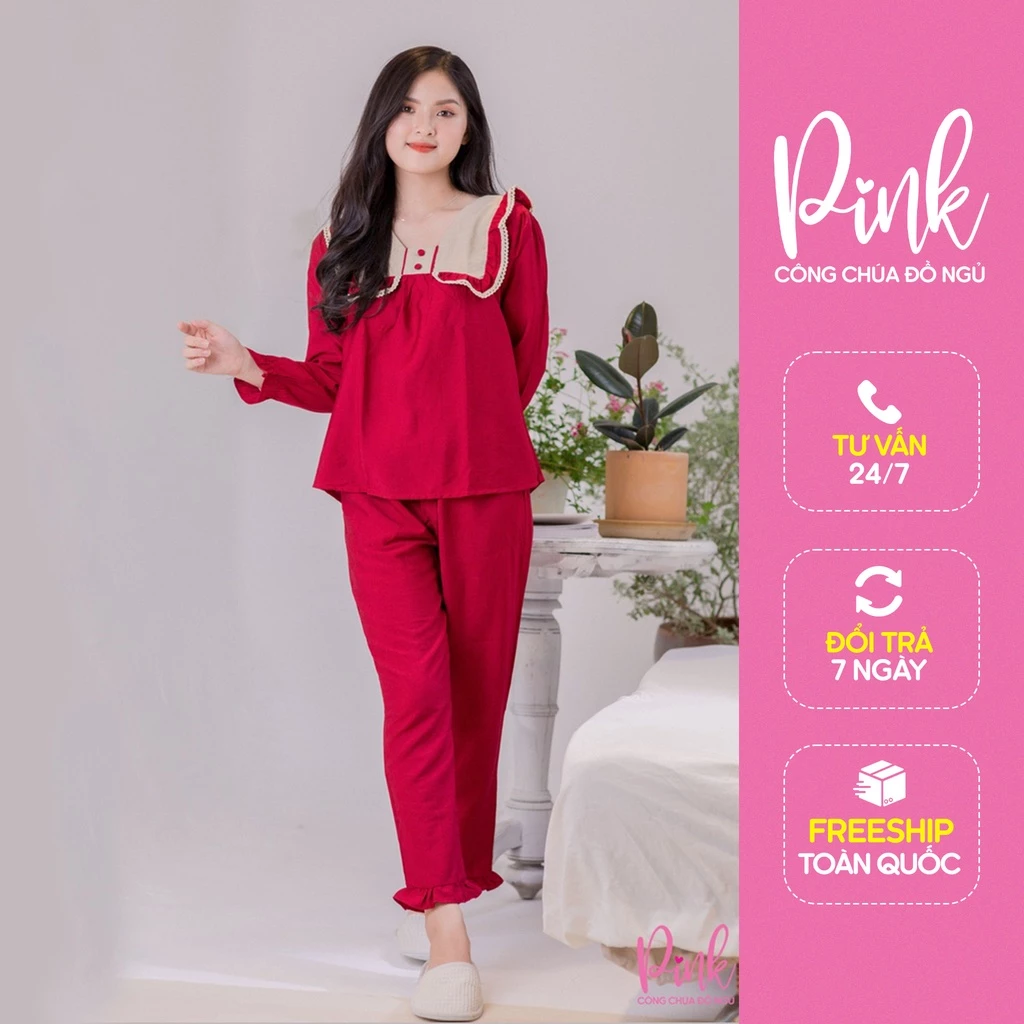 Bộ Đồ Ngủ Pijama Dài Tay Pinksleepwear Quần Dài Vải Đũi Cao Cấp Thoáng Mát Bộ Ngủ Nữ Phong Cách Tiểu Thư Hàn Quốc