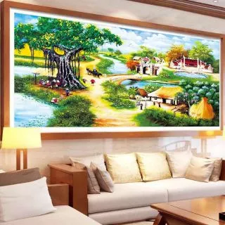 ( KHO SỈ SẴN HÀNG) Tranh thêu chữ thập phong cảnh làng quê ( thêu kín) MN0097 (200x105cm),( 160x85), (130x70).